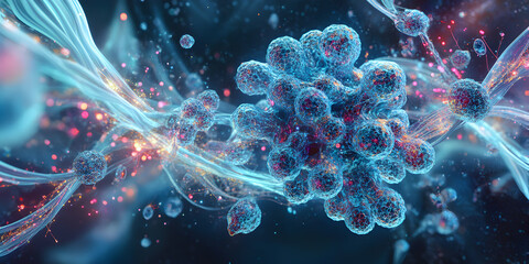 Poster - microscopic universe: a mesmerizing cluster of vibrant cells, intricately connected by glowing tendr