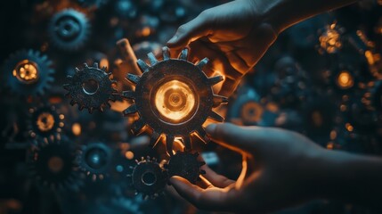 Wall Mural - A close-up of hands manipulating glowing gears, showcasing intricate mechanical components in a dark, atmospheric setting.