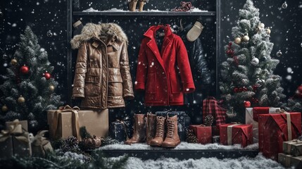 Poster - A display of winter clothing with a Christmas tree in the background