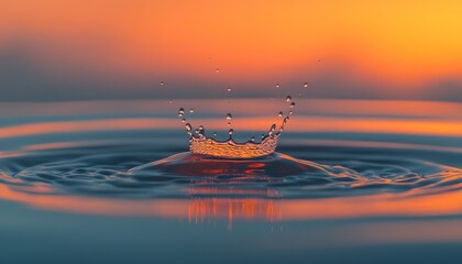 Poster - A single water drop creates a crown-shaped splash in a still body of water against a fiery sunset backdrop.