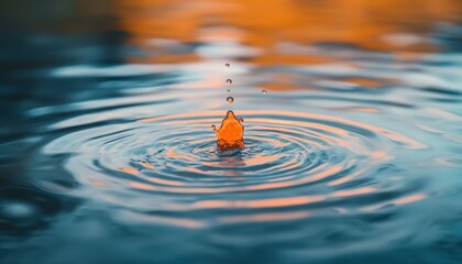 Aufkleber - A single water drop creates ripples on the surface of a still pond, with a blurred background of warm orange and blue colors.