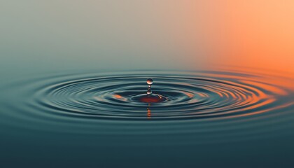 Aufkleber - A single water drop creates concentric ripples on the surface of still water against a sunset backdrop.