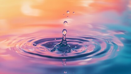 Aufkleber - A single water drop creates ripples on the surface of water, with a blurred pastel background.