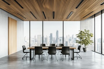 Poster - A modern conference room with a large wooden table and chairs, a plant in a pot, and a view of a city skyline through large windows. The room has a concrete floor and a wood slat ceiling.