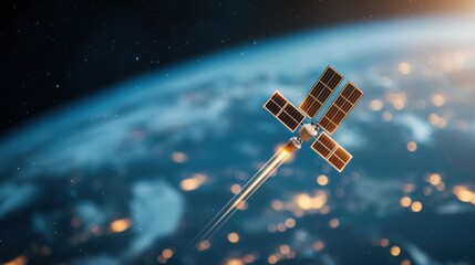 Poster - A satellite orbiting Earth with beams of light connecting different continents, symbolizing global communication and data transmission.