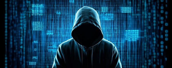 Silhouette of a hooded hacker in a blue-hued cyber background, with floating binary codes and matrix effects