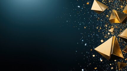Poster - Golden particles forming geometric shapes and patterns against a dark background, representing the intersection of art, science, and technology.