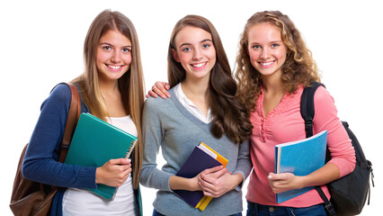 Three teenage girls with backpacks, holding notebooks, smiling warmly, radiating friendship and a positive school experience, set against a transparent background