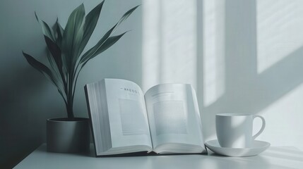 Poster - Calm and Serene Indoor Scene Featuring Open Book, Green Plant, and White Cup on Table with Soft Natural Light and Subtle Shadows for Cozy Atmosphere