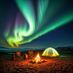 tent and aurora: a cozy tent illuminated by the vibrant green and purple hues of the aurora., tent, 