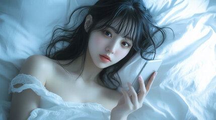 Aufkleber - 若くてかわいい女性がベッドで横になっている。寝る前にスマホを操作している光景。