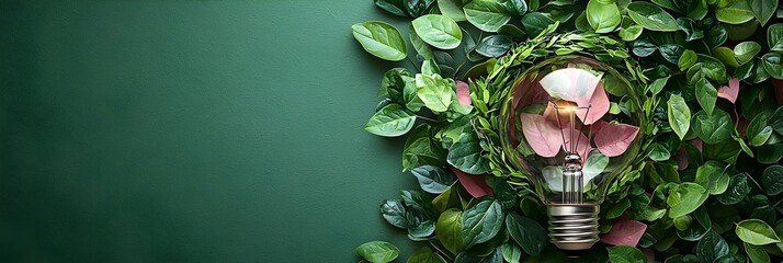 Poster - energy efficient light bulb with green leaves wrapped around isolated on a clean background with lot
