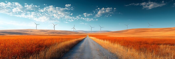 Poster - row of wind turbines standing tall in a scenic rural field against a simple white background providi