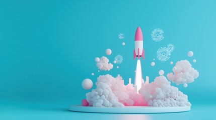 Poster - A futuristic cityscape with holographic projections of data streams and analytics surrounding a rocket launching into the sky, depicting the rapid evolution of technology and its impact on industries.