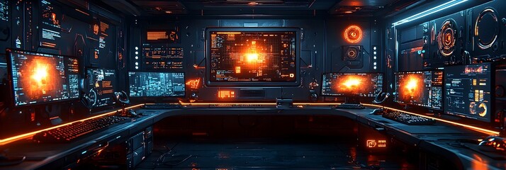 Poster - cyber themed gaming setup with glowing keyboards