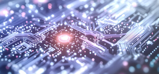 Poster - Circuitry Glows: A close-up shot of a circuit board, with a glowing red and blue light emanating from the central processor.  The image evokes a sense of futuristic technology, power, and innovation.