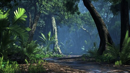 Poster - A forest with a path through it and trees on either side
