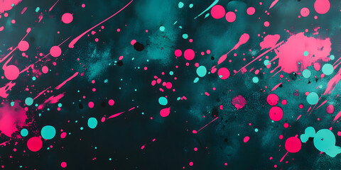 Poster - Neon Splatter: Abstract art featuring vibrant pink and teal paint splatters on a dark background.  A dynamic and energetic design.