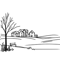 Poster - one-line vector drawing of a village in the distance on a hill and a trap near a tree close up