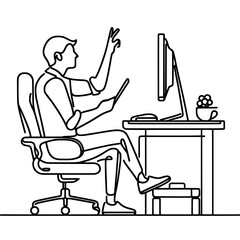 Poster - Line art of professional at desk with computer and tablet in modern workspace