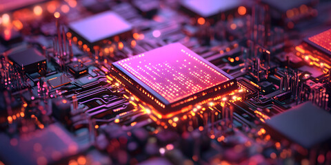 Poster - High-Tech Heartbeat: Close-up of a vibrant, illuminated microprocessor, showcasing intricate circuitry and glowing nodes, representing the core of modern technology. 
