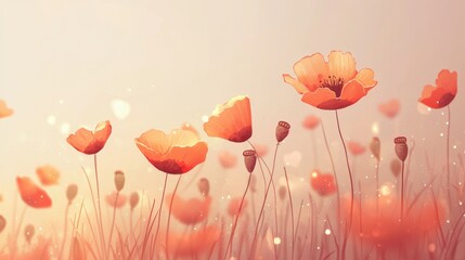 Aufkleber - Explore the beauty of cartoon poppy flowers scattered across a light-colored background to brighten your day