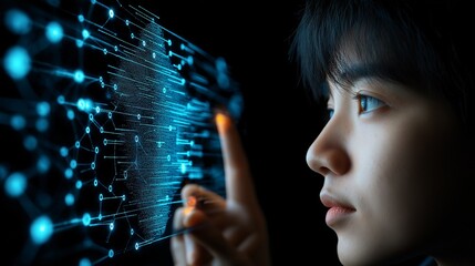 Poster - Person Engaged in Digital Interaction with Futuristic Technology Interface, Showcasing Innovative Presentation and Customer Focus in a Virtual Environment