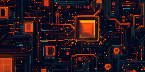 Poster - Circuit Board Abstract: Glowing orange and teal circuit board, intricate design, technological background, digital art, abstract pattern, high-tech, futuristic, innovation, technology, electronics.
