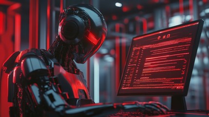 Poster - A futuristic robot, illuminated in red hues, operates a computer, surrounded by a high-tech environment, suggesting advanced AI and digital technology.