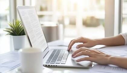 Poster - Woman Typing on Laptop in Modern Office.
