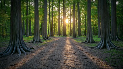 Poster - A forest with a sun shining through the trees