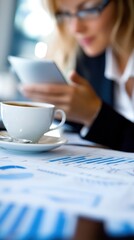 Poster - Businesswoman Working with Charts and a Cup of Coffee.