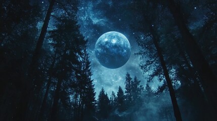 Wall Mural - Full moon over forest at night