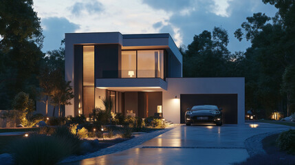 Poster - A large house with a black car parked in the driveway