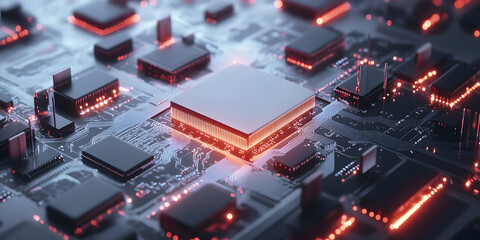 Poster - The Heart of Innovation: A close-up abstract view of a gleaming processor chip, bathed in warm red light, rests amidst a complex network of circuit boards.