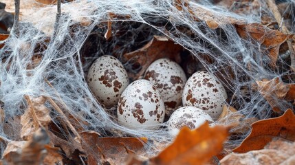 Wall Mural - Close-up of eerie, delicate egg-shell webs formed from fallen foliage, revealing their intricate patterns and textures. The image captures the haunting beauty of natures detail with copy space.