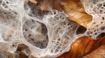 Wall Mural - Close-up of eerie, delicate egg-shell webs formed from fallen foliage, revealing their intricate patterns and textures. The image captures the haunting beauty of natures detail with copy space.