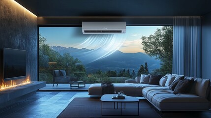 Wall Mural - Modern living room with air conditioner and mountain view