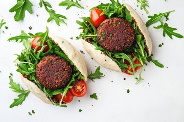 Two Pita Bread Sandwiches with Veggie Patties, Arugula, and Tomatoes