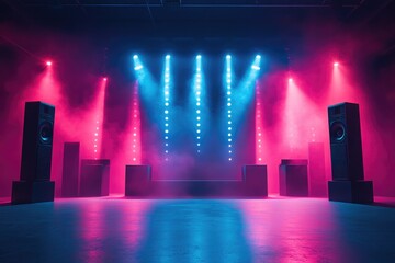 Aufkleber - Empty stage illuminated with blue and pink lights awaiting the performance