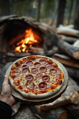 Wall Mural - Person with pizza near fire
