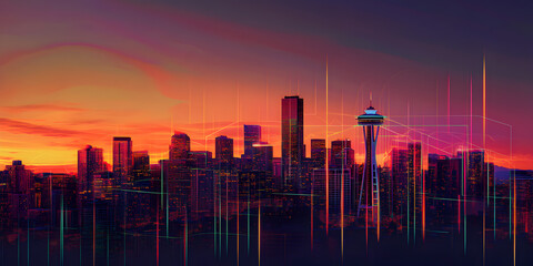 Poster - Cityscape at Sunset: A vibrant and modern cityscape bathed in the warm glow of a setting sun, with colorful lines streaking across the sky, evoking a sense of energy and progress. 