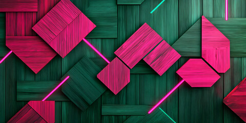 Poster - geometric wood pattern: an abstract design of pink and green wooden shapes with neon lines, creates 