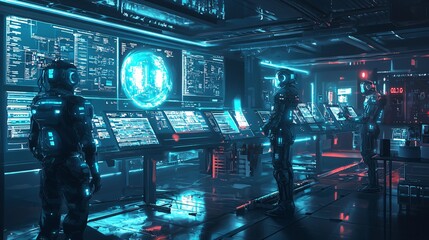Aufkleber - Explore the cutting-edge innovations in a futuristic factory floor enhanced by autonomous robots and advanced technology