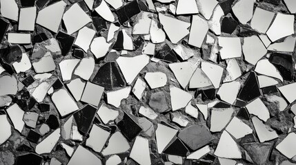 Black and white mosaic garbage wall texture background captured in a unique photo style, offering a striking visual of old textures and patterns for creative use and design.