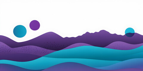 Poster - Abstract Purple and Teal Landscape: A serene and minimalist abstract landscape with soft purple mountains and flowing teal waves, punctuated by vibrant circles.