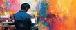 © Trionorejo - A painter immersed in vibrant colors, creating art in a lively studio environment.