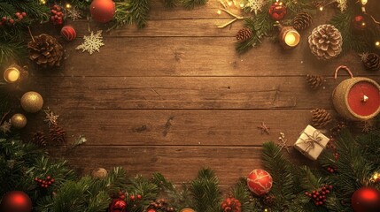 Vertical top view of a wooden table adorned with symbols of winter, Christmas, New Year, and holiday, providing ample copy space for seasonal promotions.