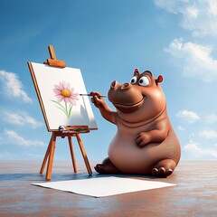 Wall Mural - Happy Hippo Paints a Flower Portrait