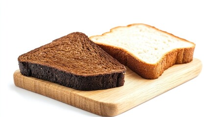 Wall Mural - Two pieces of rye bread toast, including white and brown varieties, arranged on a wooden board with an empty space for additional text, against a clean white background.